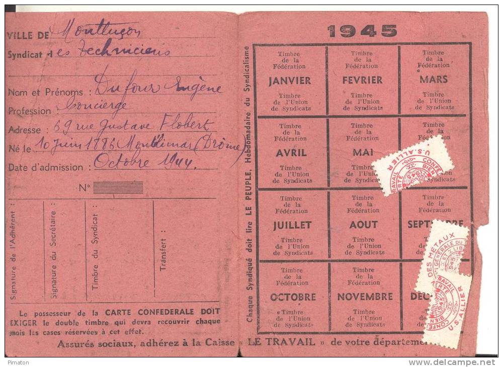 CARTE DE LA C.G.T  Fédération Des Ouvriers Des Métaux Et Similaires De France Et Colonies - Membership Cards
