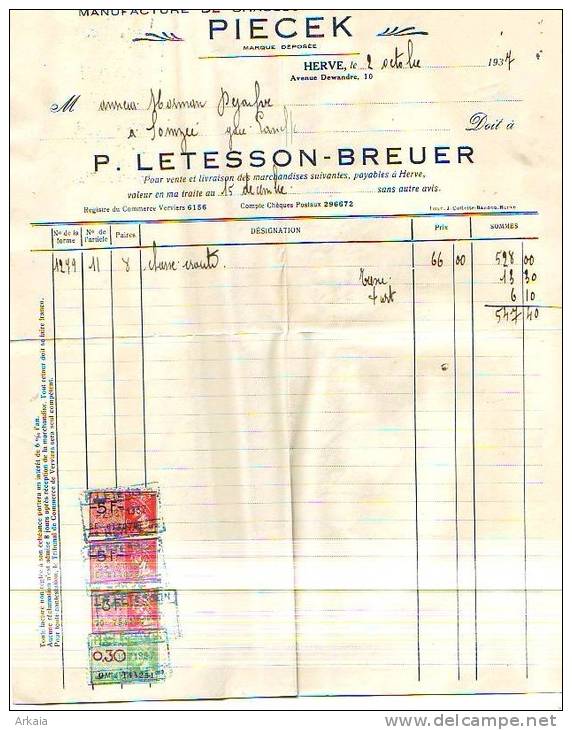 Herve - 1937 - Piercek - P. Letesson-Breuer- Manufacture De Chaussures En Tous Genres - Vestiario & Tessile