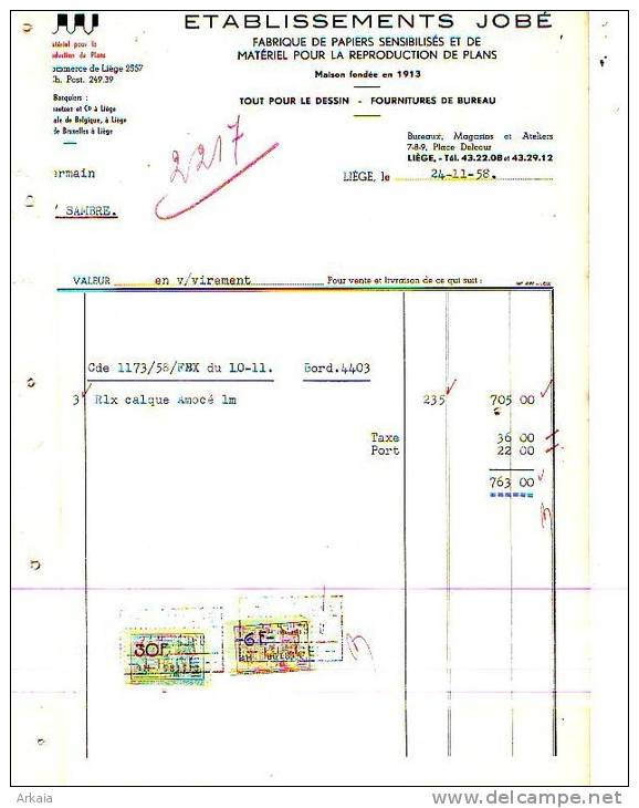 Liège - 1958 - Etablissements Jobé - Fabrique De Papiers Sensibilisés Et De Matériel Pour La - Printing & Stationeries