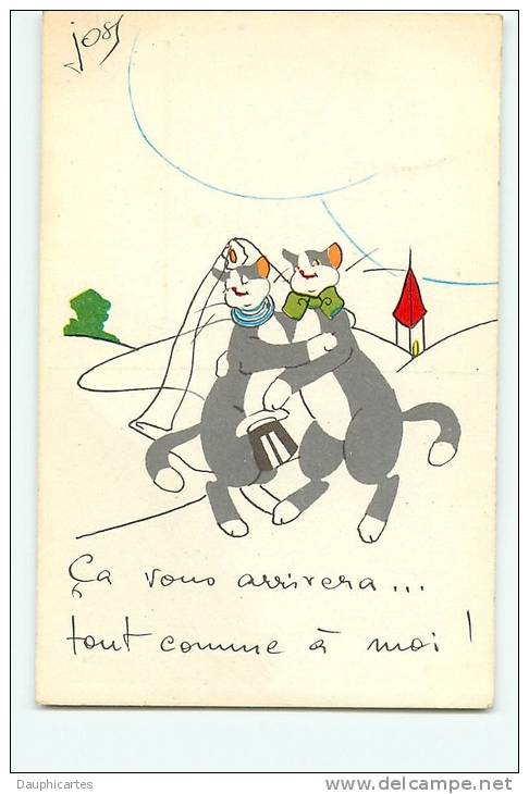 Illustrateur JOSY - 2 CPA - Le Mariage Des Chats Et La Sérénade à La Mandoline -  TBE - 3 Scans - Katten