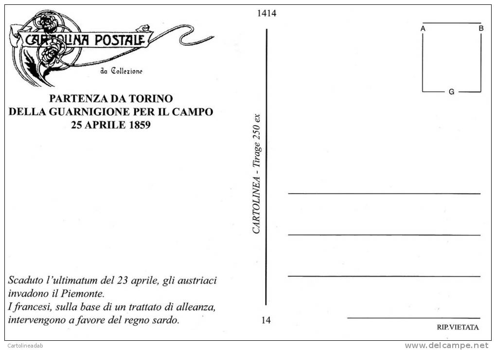 [DC1414] CARTOLINEA - LE BATTAGLIE: II GUERRA DI INDIPENDENZA - PARTENZA DA TORINO DELLA GUARNIGIONE PER IL CAMPO (14) - Storia