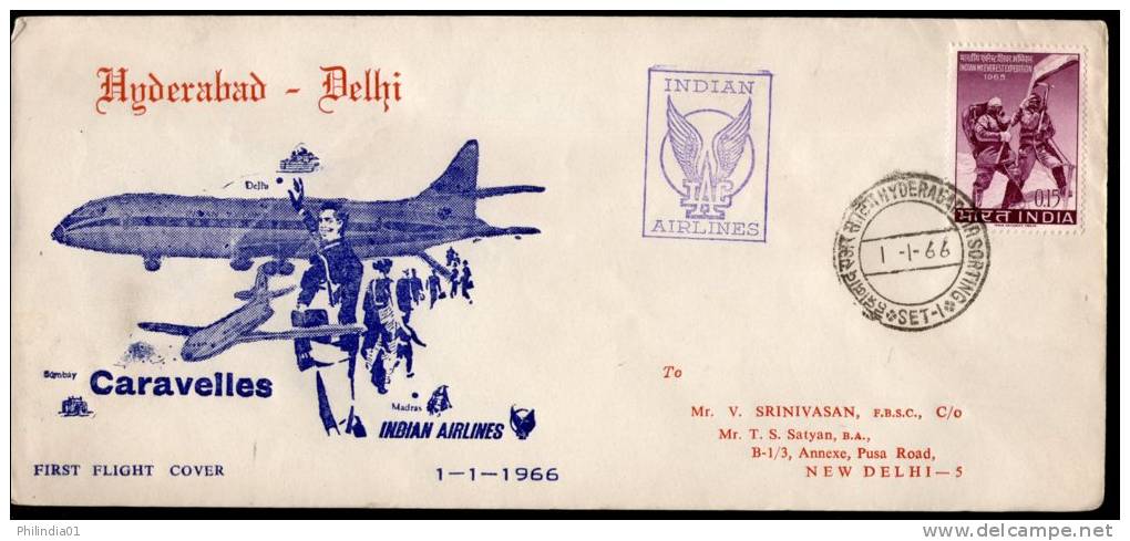 India 1966 Hyderabad - Delhi Indian Airlines Domestic First Flight Cover Inde Indien # 1371-14 - Corréo Aéreo