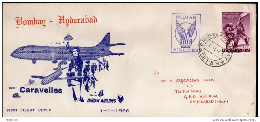 India 1966 Bombay - Hyderabad Indian Airlines Domestic First Flight Cover Inde Indien # 1371-22 - Poste Aérienne