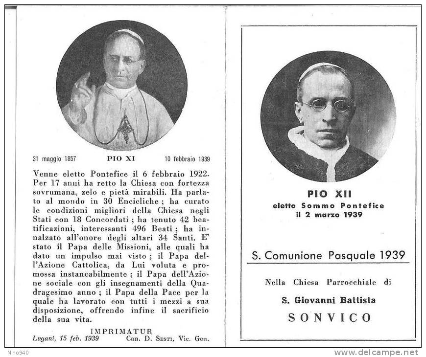 1939: COMUNIONE PASQUALE - SONVICO - CHIESA DI S. GIOVANNI BATTISTA - Mm. 70X120 - A - Religione & Esoterismo