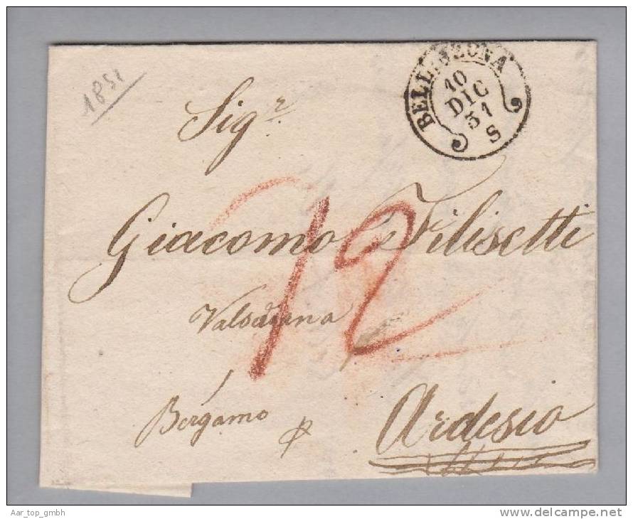 Heimat TI Bellinzona 1851-12-10 Sw Brief Ohne Marke Nach Ardesio - ...-1845 Vorphilatelie