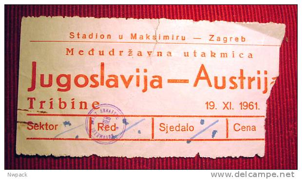 Österreich - Football / Socer - YUGOSLAVIA - AUSTRIA,  19 November 1961. - Ticket - Tickets - Entradas