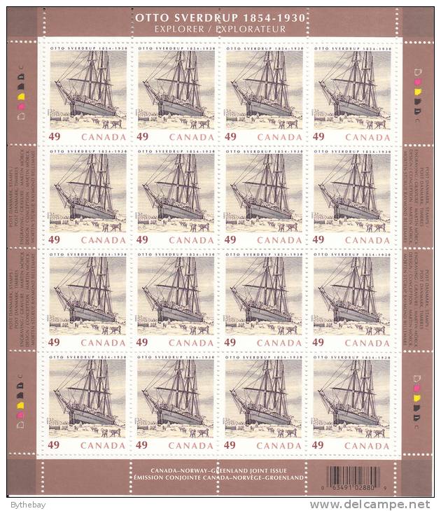 Canada MNH Scott #2026 Complete Sheet Of 16 49c Otto Sverdrup With Variety 'Dot Under 8' Position 13 - Full Sheets & Multiples