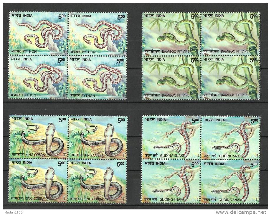 INDIA, 2003, Nature India - Snakes, (Python, Pit Viper, King Cobra Gliding Snake),Set 4 V,Blocks Of 4,  MNH, (**) - Snakes