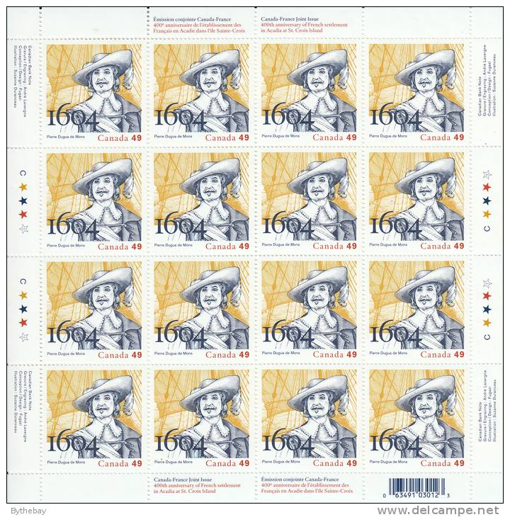 Canada MNH Scott #2044 Complete Sheet Of 16 49c Pierre Dugua - French Settlement In Acadia - Full Sheets & Multiples