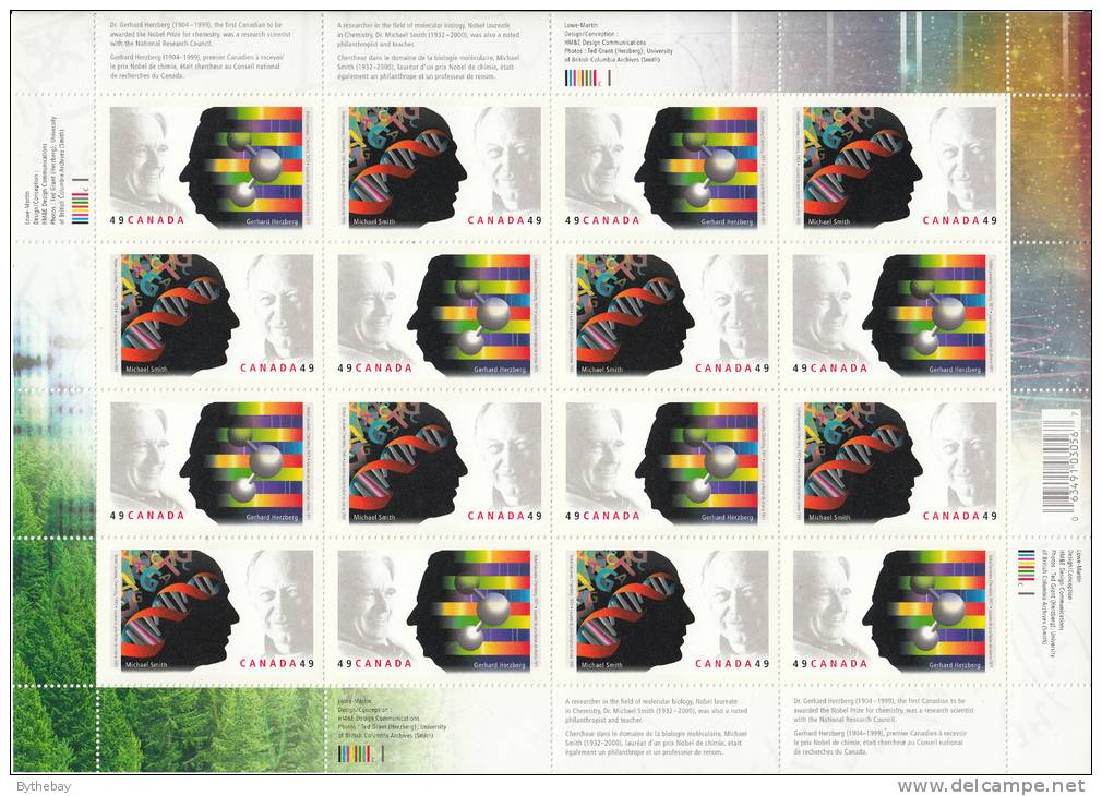 Canada MNH Scott #2062a Complete Sheet Of 16 49c Dr. Gerhard Herzberg, Dr. Michael Smith - Nobel Prize Winners - Feuilles Complètes Et Multiples