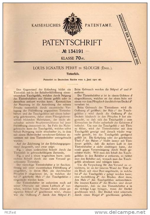 Original Patentschrift - L. Perry In Slough , England , 1901 , Inkpot , Tintenfass , Ink  !!! - Inkwells