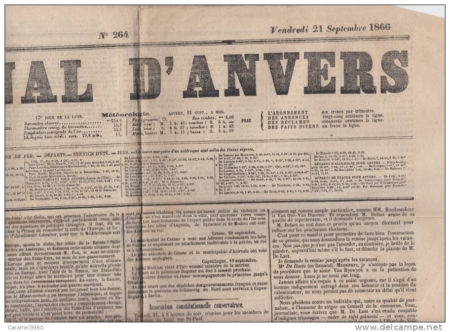 Krant Journal   Journal D' Anvers    Vendredi 21/09/1866    Scan 3172 - Historische Documenten
