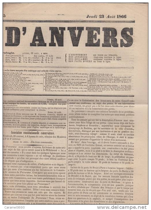 Krant Journal   Journal D´ Anvers    Jeudi 23/08/1866    Scan 3174 - Historische Dokumente