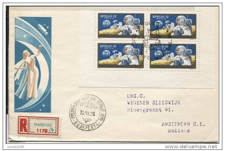 HUNGARY 1970 Space Cover FDC Apollo 12 Sheet Of 4 Stamps. Conrad, Gordon, Bean. To AMSTERDAM - Europe