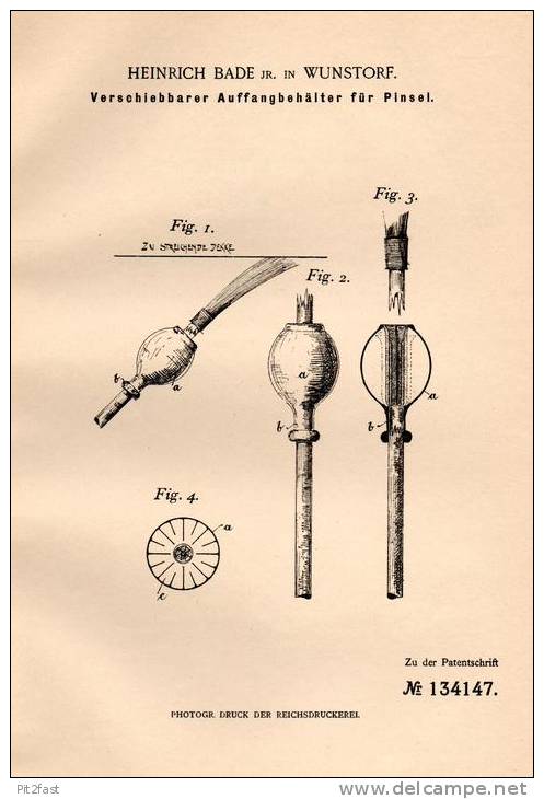 Original Patentschrift - H. Bade In Wunstorf , 1901 , Pinsel - Behälter , Maler , Malerei , Farbe !!! - Historische Dokumente