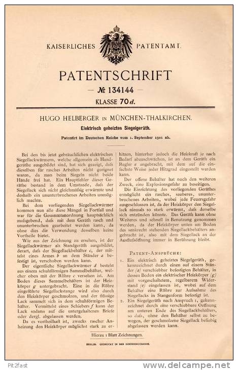 Original Patentschrift - H. Helberger In München - Thalkirchen , 1901 , Beheiztes Siegel - Gerät , Briefsiegel !!! - Seals