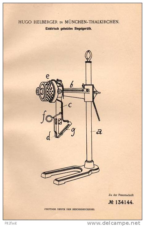 Original Patentschrift - H. Helberger In München - Thalkirchen , 1901 , Beheiztes Siegel - Gerät , Briefsiegel !!! - Seals