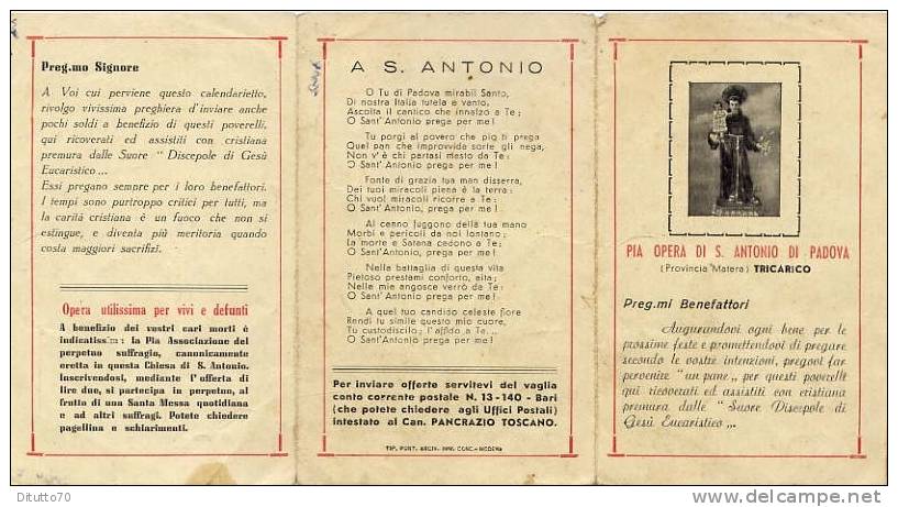 Calendarietto - Pia Opera Di S.antonio Di Padova - Tricarico 1943 - Petit Format : 1941-60