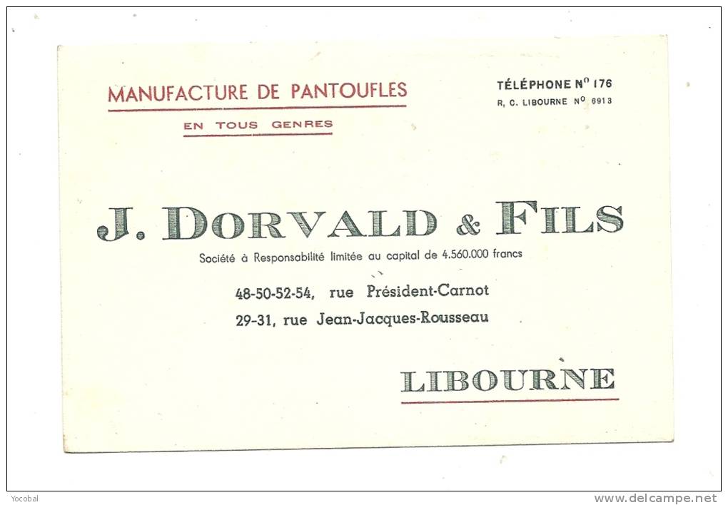 Publicité, J. Dorvald & FIls - Manufacture De Pantoufles - Libourne - Cartes De Visite