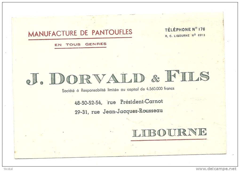 Carte De Visite , , J. Dorvald & Fils - MAnufacture De Pantoufles - Libourne (33) - Cartes De Visite