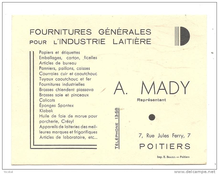 Carte De Visite , A. Mady - Fournitures Générale Pour L'Industrie Laitière - Poitiers (86) - Cartes De Visite