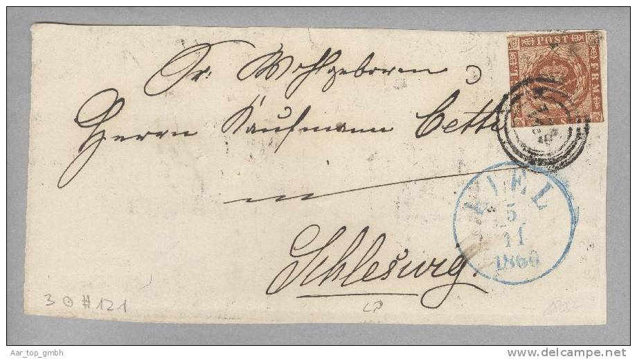 Dänemark 1860-11-05 Kiel Blau Gr. Briefstück Mit Mi#7a Nach Schleswig Mit 3-Ring-stempel #121 - Storia Postale