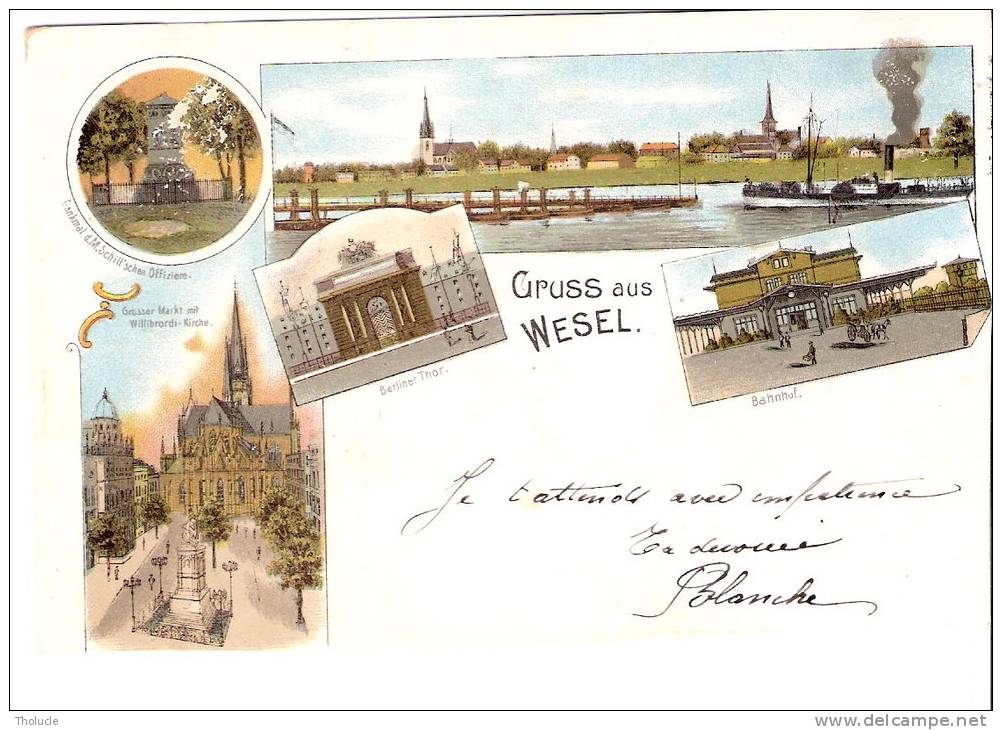 Lithographie-Gruss Aus Wesel (Düsseldorf-Allemagne)-+/- 1900-Bahnhof-Grosser Markt Mit Willibrordi-Kirche - Wesel