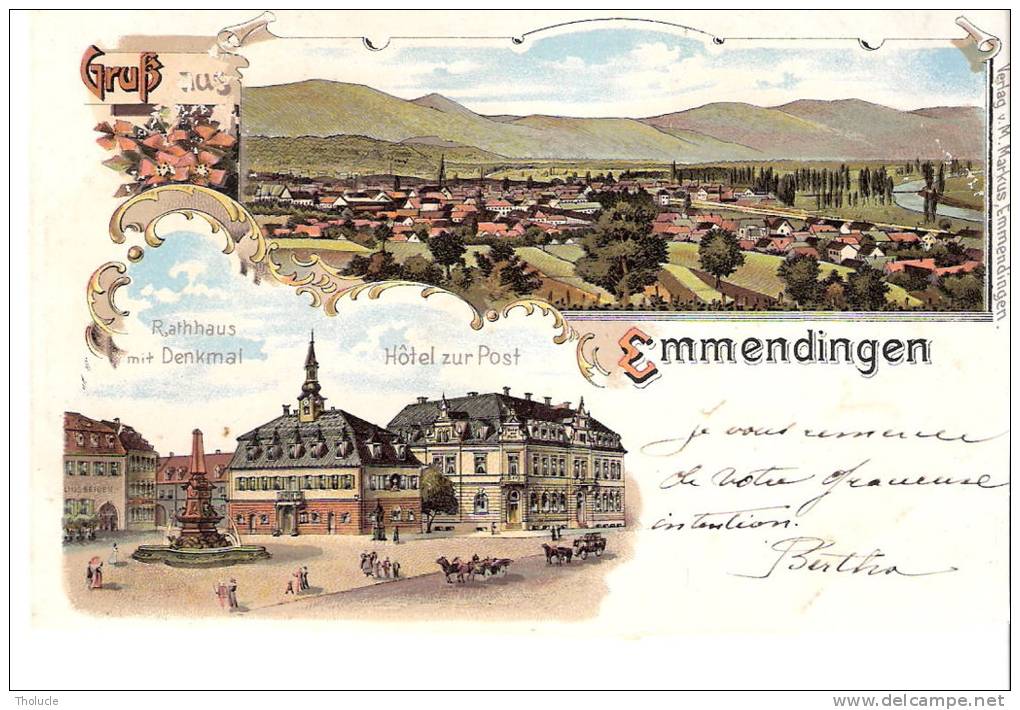 Lithographie-Gruss Aus Emmendingen (Bade-Wurtemberg-Allemagne)-+/- 1900-Hôtel Zur Post-Rathhaus-Verlag. M.Markus - Emmendingen