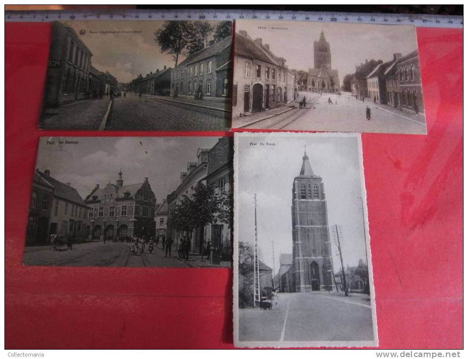 4 Postk.  PEER   : OUDESTR.,     STADHUIS,       KERKSTR.,      DE TOREN - Peer