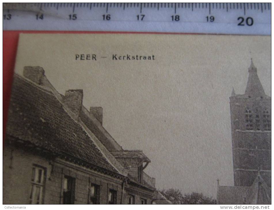 4 postk.  PEER   : OUDESTR.,     STADHUIS,       KERKSTR.,      DE TOREN