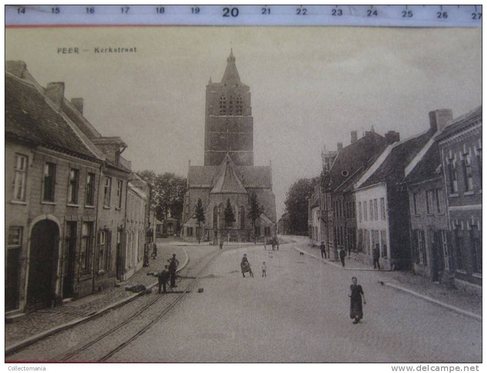 4 postk.  PEER   : OUDESTR.,     STADHUIS,       KERKSTR.,      DE TOREN