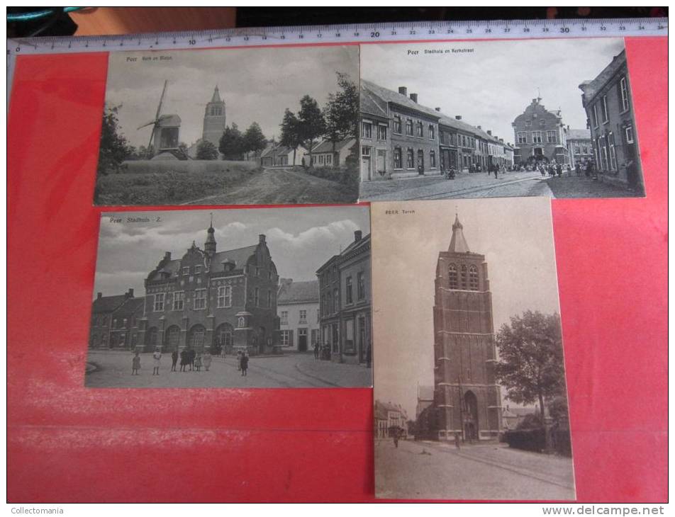 4 Postk.  PEER   : KERK EN MOLEN,     STADHUIS En KERKSTR.,       STADHUIS,         TOREN - Peer