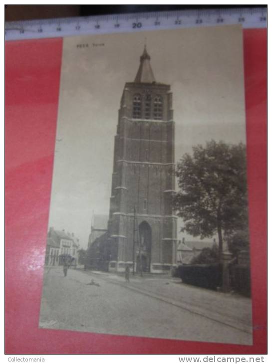 4 postk.  PEER   : KERK EN MOLEN,     STADHUIS en KERKSTR.,       STADHUIS,         TOREN