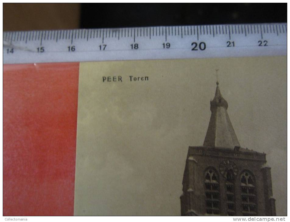 4 postk.  PEER   : KERK EN MOLEN,     STADHUIS en KERKSTR.,       STADHUIS,         TOREN