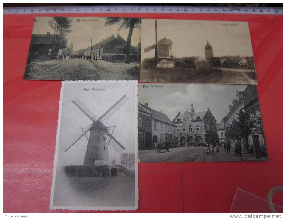 4 Postk.  PEER   : Nieuwstr.,       MOLEN,       WINDMOLEN,       STADHUIS - Peer