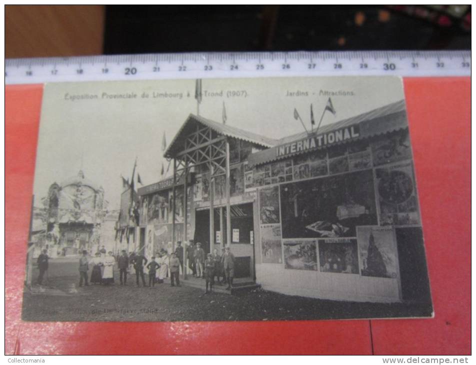 9  postk.:    St.TRUIDEN:     Souvenir (2),    Grand place,  ,  Expo du Limbourg a St. TROND (1907)(5)         .,