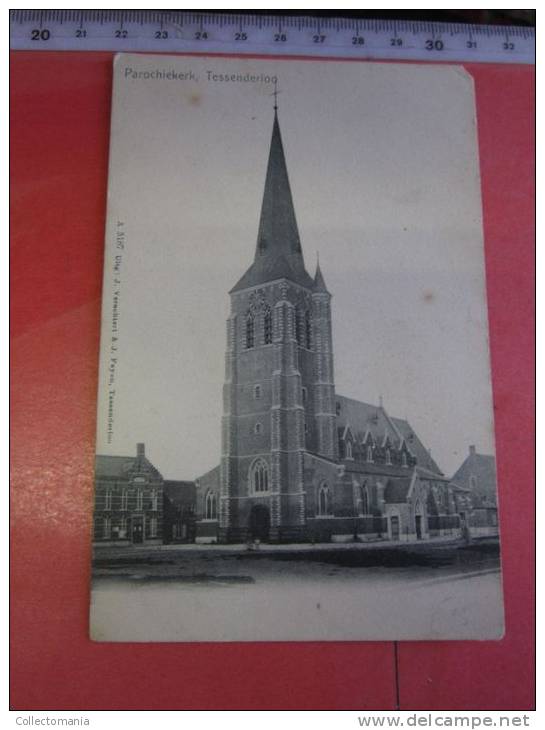 3 postk.:   TESSENDERLOO: STATIEPLEIN ( gen. A 5189 verachtert Feyen ),  KERK  .PANOROMA