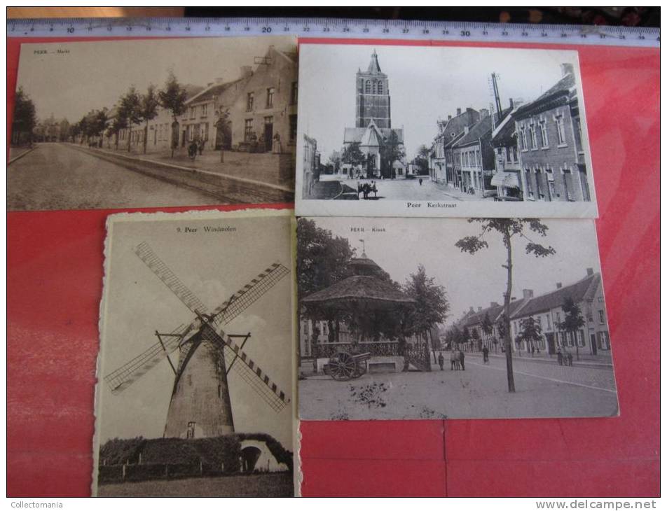 4 Postk.  PEER   :  MARKT,      WINDMOLEN,      KIOSK,        KERKSTR. - Peer