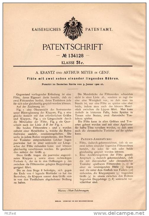 Original Patentschrift - A. Krantz Und A. Meyer In Genf , 1902 , Flöte , Flöten , Musik , Blasinstrument !!! - Muziekinstrumenten