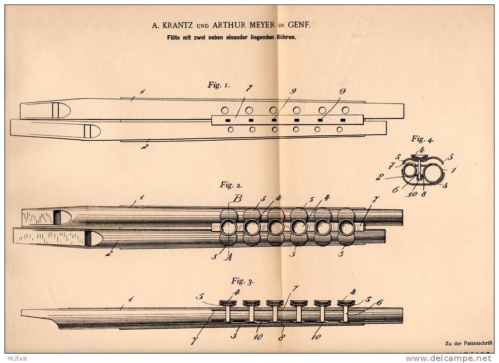 Original Patentschrift - A. Krantz Und A. Meyer In Genf , 1902 , Flöte , Flöten , Musik , Blasinstrument !!! - Musikinstrumente