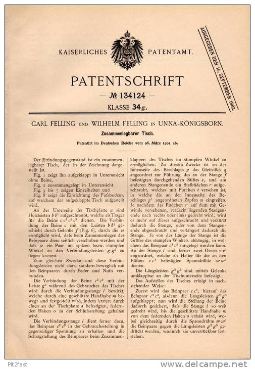 Original Patentschrift - C. Felling In Unna - Königsborn , 1901 , Zusammenlegbarer Tisch , Möbel   !!! - Andere Plannen