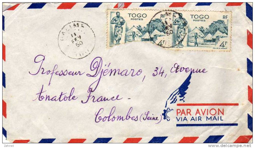 1 Enveloppe Par Avion De 1950 Avec 1 Paire 4f Attachés Dont 1 Déchiré Avant Affranchissement - Togo (1960-...)