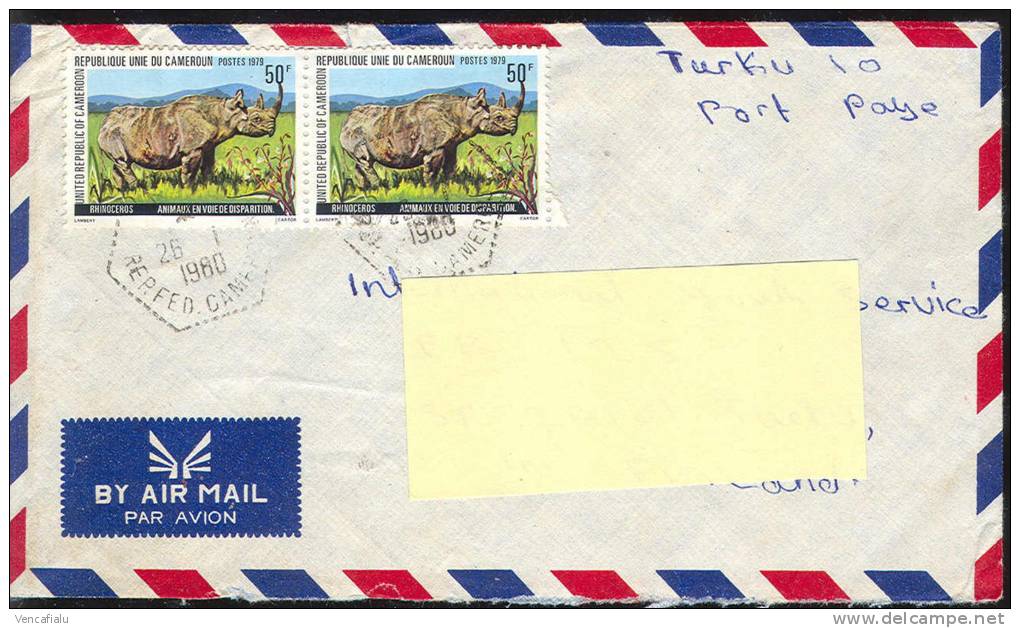 Cameroun 1980 - Rhinos, Postage Used Cover In Finnland - Rhinozerosse