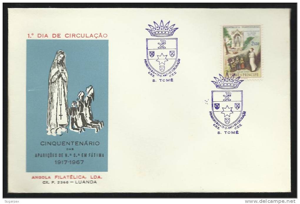 13 / 05 / 1967 - CINQUENTENÁRIO DAS APARIÇÕES DE N. S. DE FÁTIMA - 1.º DIA DE CIRCULAÇÃO - 2 SCANS - Sao Tome And Principe