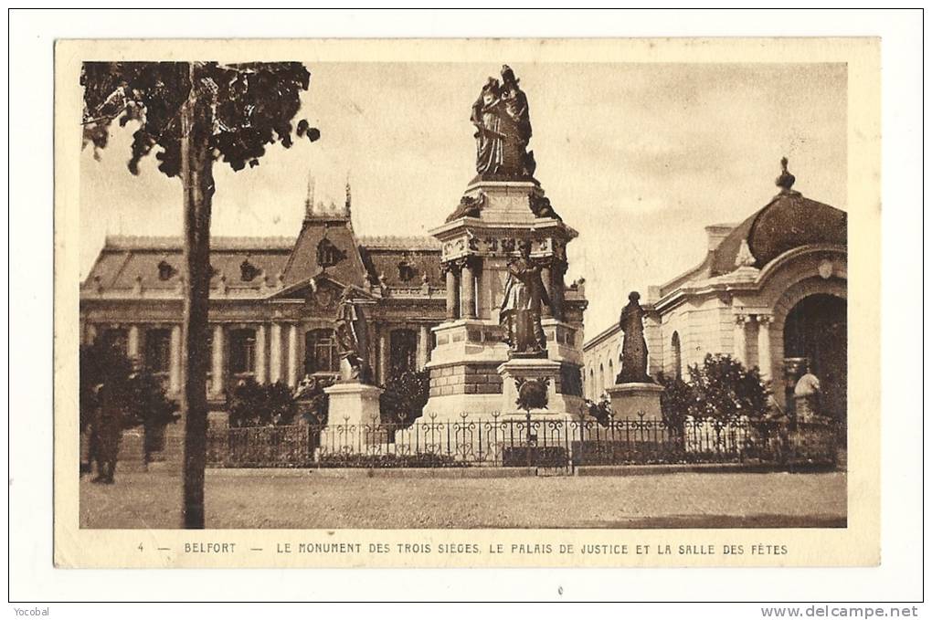 Cp, 90, Belfort, Le MOnument Des Trois Sièges, Le Palais De Justice Et La Salle Des Fêtes, écrite 1928 ? - Belfort – Siège De Belfort