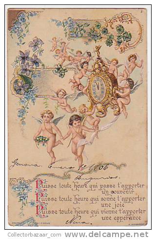 NUDE ANGEL NEW YEAR CLOCK CUPID ITALY  CA 1900  Vintage Original Postcard Cpa Ak (W3_1312) - Engel