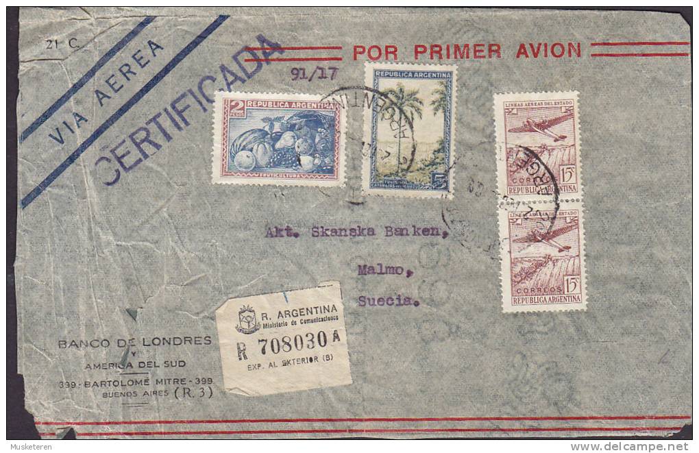 Argentina Airmail Via Aerea Registered Certificada BANCO DE LONDRES, BUENOS AIRES Cover Letra To Sweden Suecia (2 Scans) - Poste Aérienne