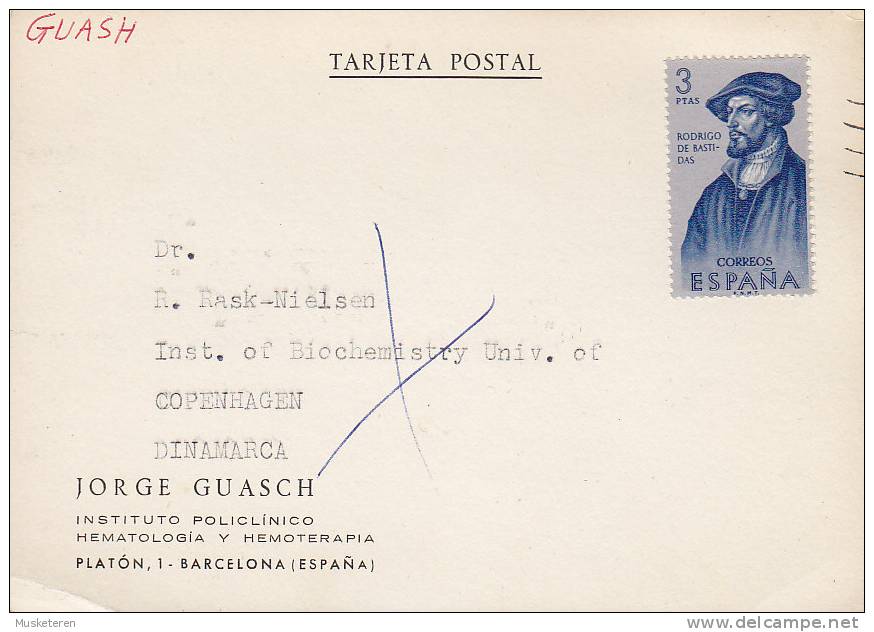 Spain JORGE GUASCH Instituto Policlinico Hematologia BARCELONA Tarjeta Postal To COPENHAGEN Denmark (2 Scans) - Briefe U. Dokumente