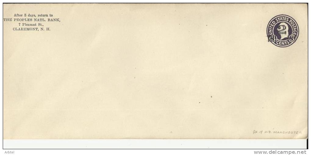 USA ENTERO POSTAL HABILITADO PARA 2 CTS CLAREMONT PEOPLES NTL BANK - 1901-20