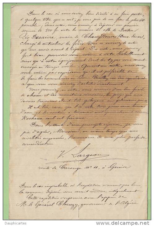 VICTOR LARGEAU, Explorateur : Lettre 1874 Décrivant Le Projet D'exploration Du Nord Sahara, 1875. Tombouctou. Autographe - Autres & Non Classés